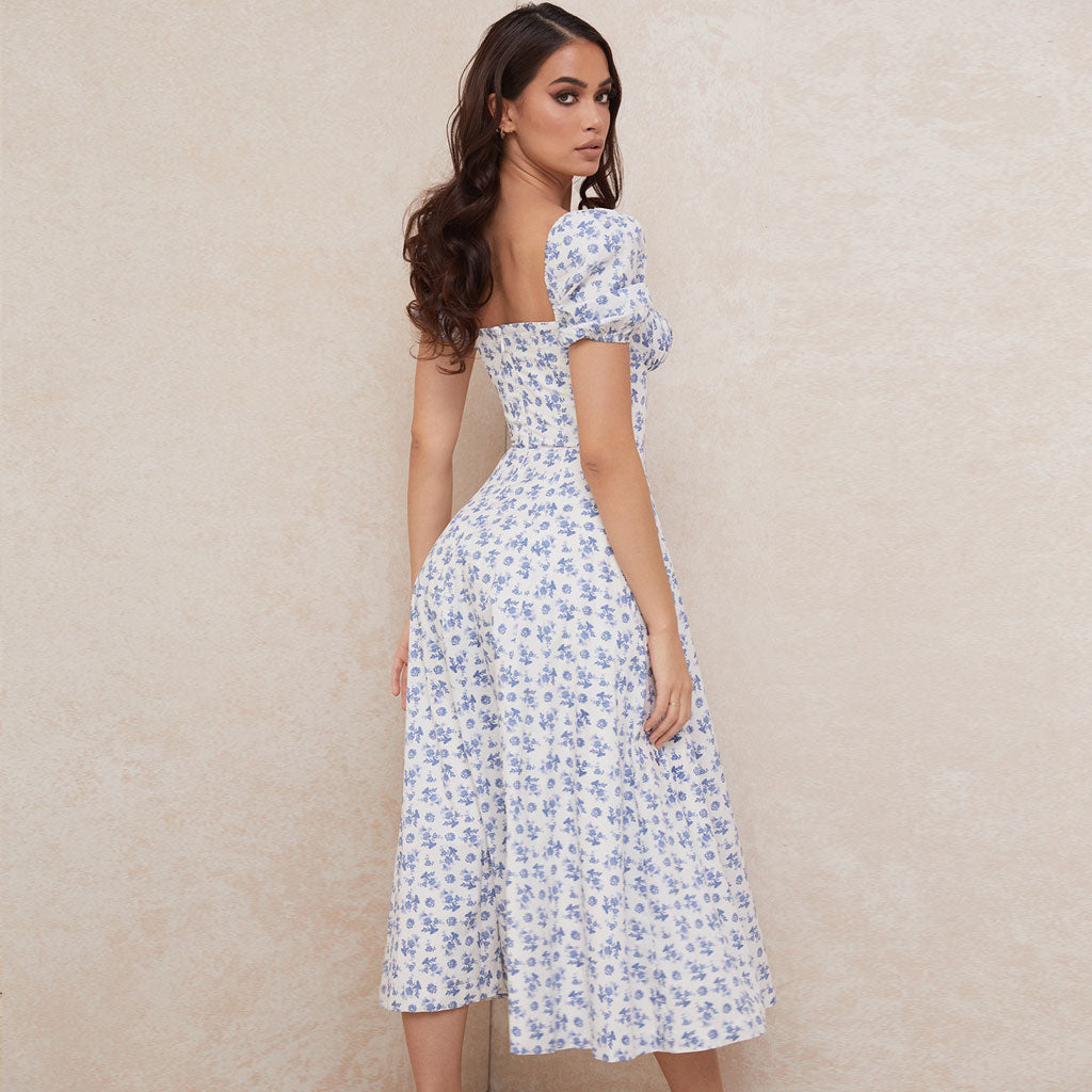 Robe longue d'été à manches bouffantes et fente haute à imprimé marguerites - Bleu