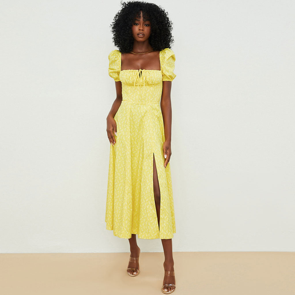 Robe longue d'été à manches bouffantes et fente haute à imprimé marguerites - Jaune foncé