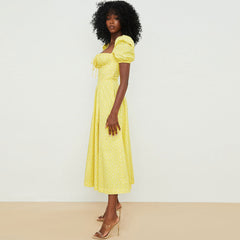 Robe longue d'été à manches bouffantes et fente haute à imprimé marguerites - Jaune foncé