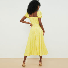 Robe longue d'été à manches bouffantes et fente haute à imprimé marguerites - Jaune foncé