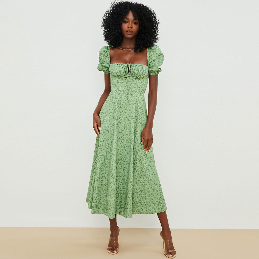 Robe longue d'été à manches bouffantes et fente haute à imprimé marguerites - Vert