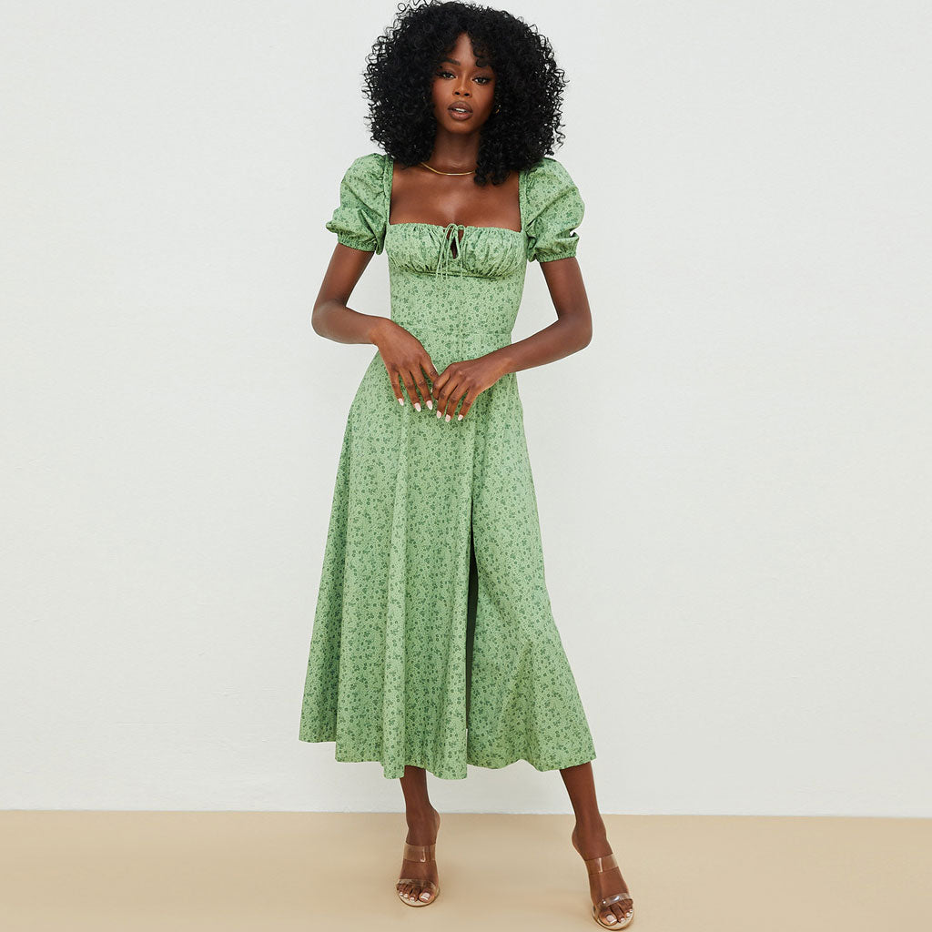 Robe longue d'été à manches bouffantes et fente haute à imprimé marguerites - Vert