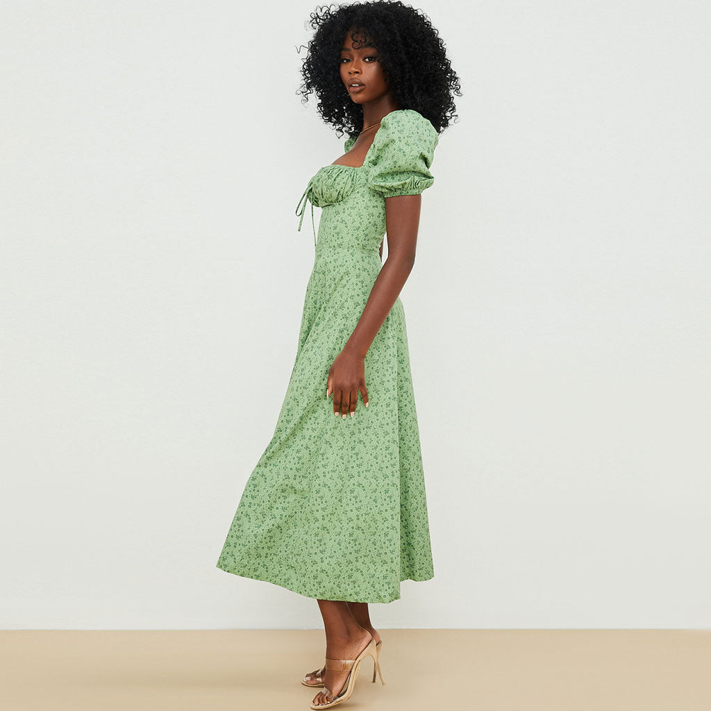 Robe longue d'été à manches bouffantes et fente haute à imprimé marguerites - Vert