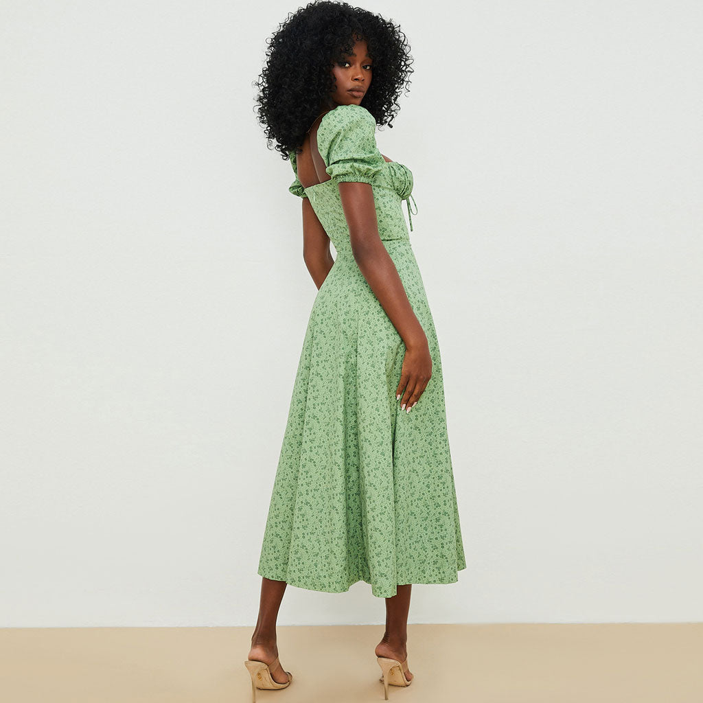 Robe longue d'été à manches bouffantes et fente haute à imprimé marguerites - Vert