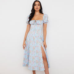 Robe longue d'été à manches bouffantes et fente haute à imprimé marguerites - Bleu clair