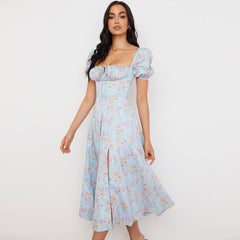 Robe longue d'été à manches bouffantes et fente haute à imprimé marguerites - Bleu clair