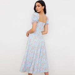 Robe longue d'été à manches bouffantes et fente haute à imprimé marguerites - Bleu clair