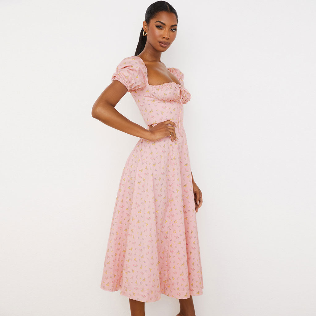 Daisy Printed Puff Sleeve High Slit Smock Maxi Sundress - Pink