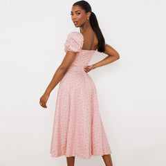 Maxi-Sommerkleid mit Gänseblümchen-Print, Puffärmeln und hohem Schlitz - Rosa