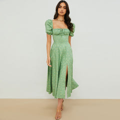 Daisy Printed Puff Sleeve High Slit Smock Maxi Sundress - Sage Green