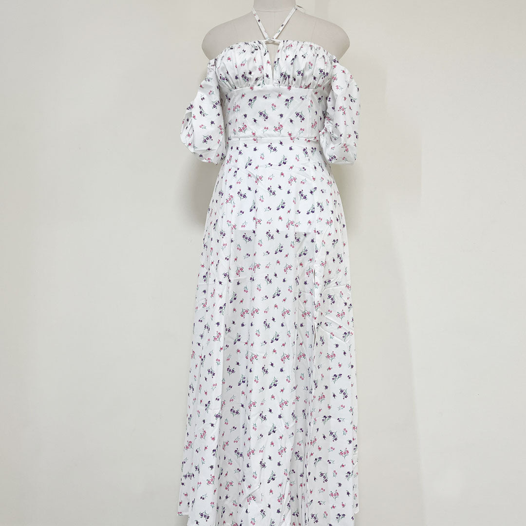 Robe longue d'été à manches bouffantes et fente haute à imprimé marguerites - Blanc