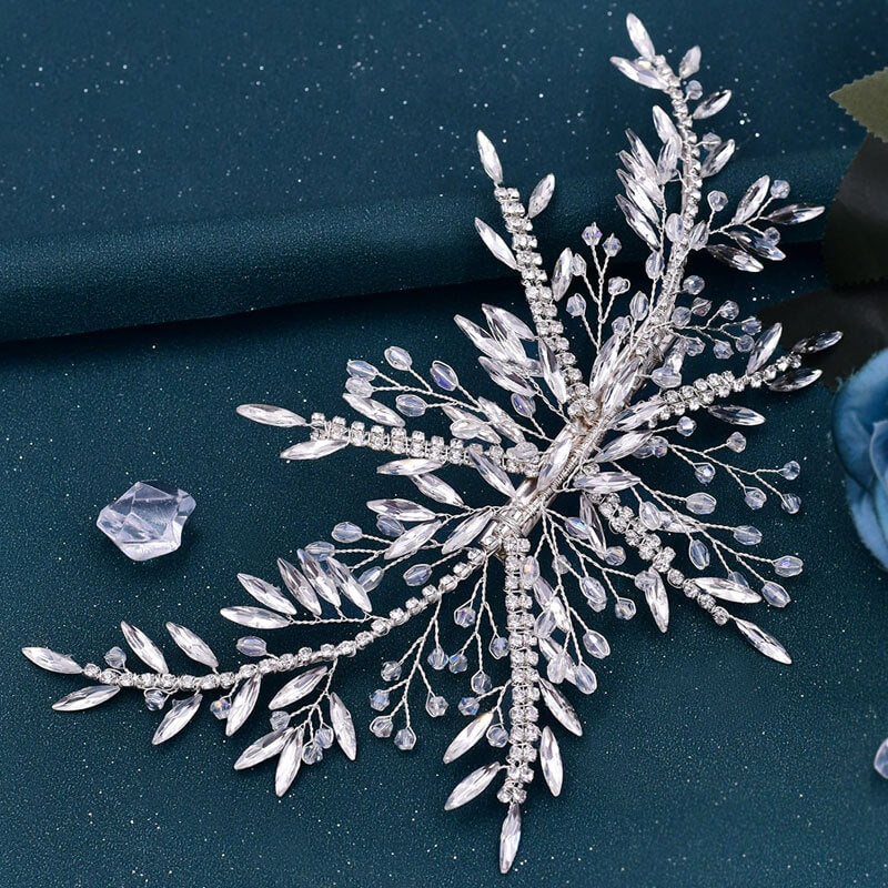 Pince à cheveux éblouissante avec bordure en feuille et strass en cristal - Argent