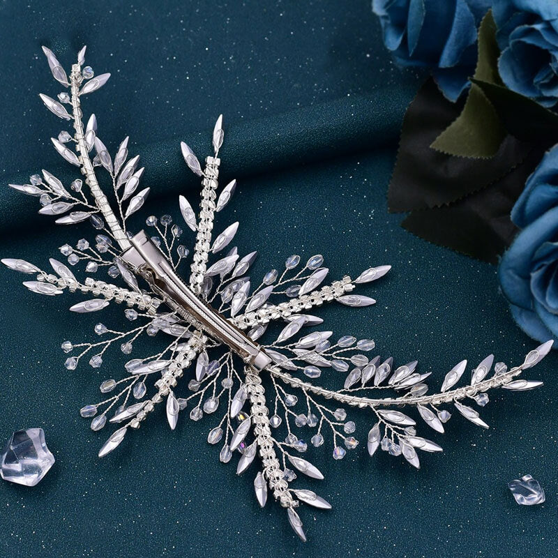 Pince à cheveux éblouissante avec bordure en feuille et strass en cristal - Argent