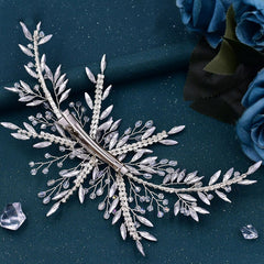 Pince à cheveux éblouissante avec bordure en feuille et strass en cristal - Argent