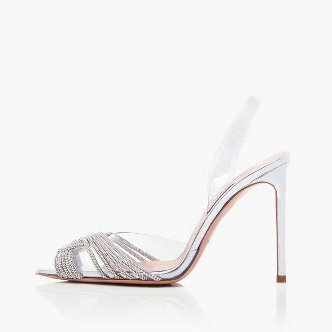 Schillernde High Heel-Pumps aus PVC mit spitzer Zehenpartie und Strassverzierung - Silber