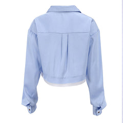 Deconstructed Distressed Trim Button Up Long Sleeve Collared Crop Shirt - Blue