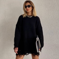 Distressed Trim Oversized Pullover Sweater Mini Dress - Black