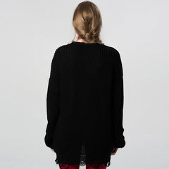 Distressed Trim Oversized Pullover Sweater Mini Dress - Black