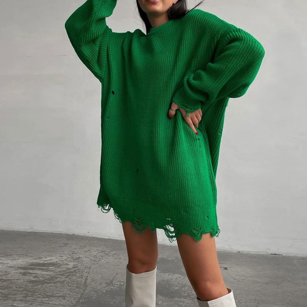 Distressed Trim Oversized Pullover Sweater Mini Dress - Emerald Green