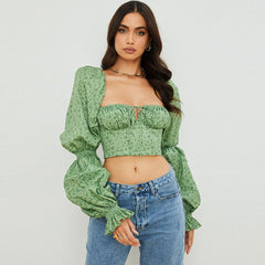 Bustier-Crop-Top mit Ditsy-Print und Puffärmeln - Grün