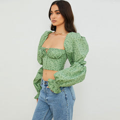 Ditsy Printed Tied Front Bustier Puff Sleeve Crop Top - Green