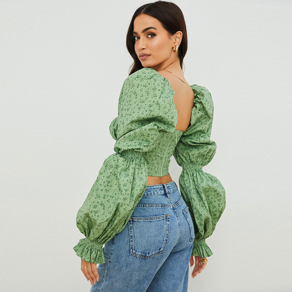 Ditsy Printed Tied Front Bustier Puff Sleeve Crop Top - Green