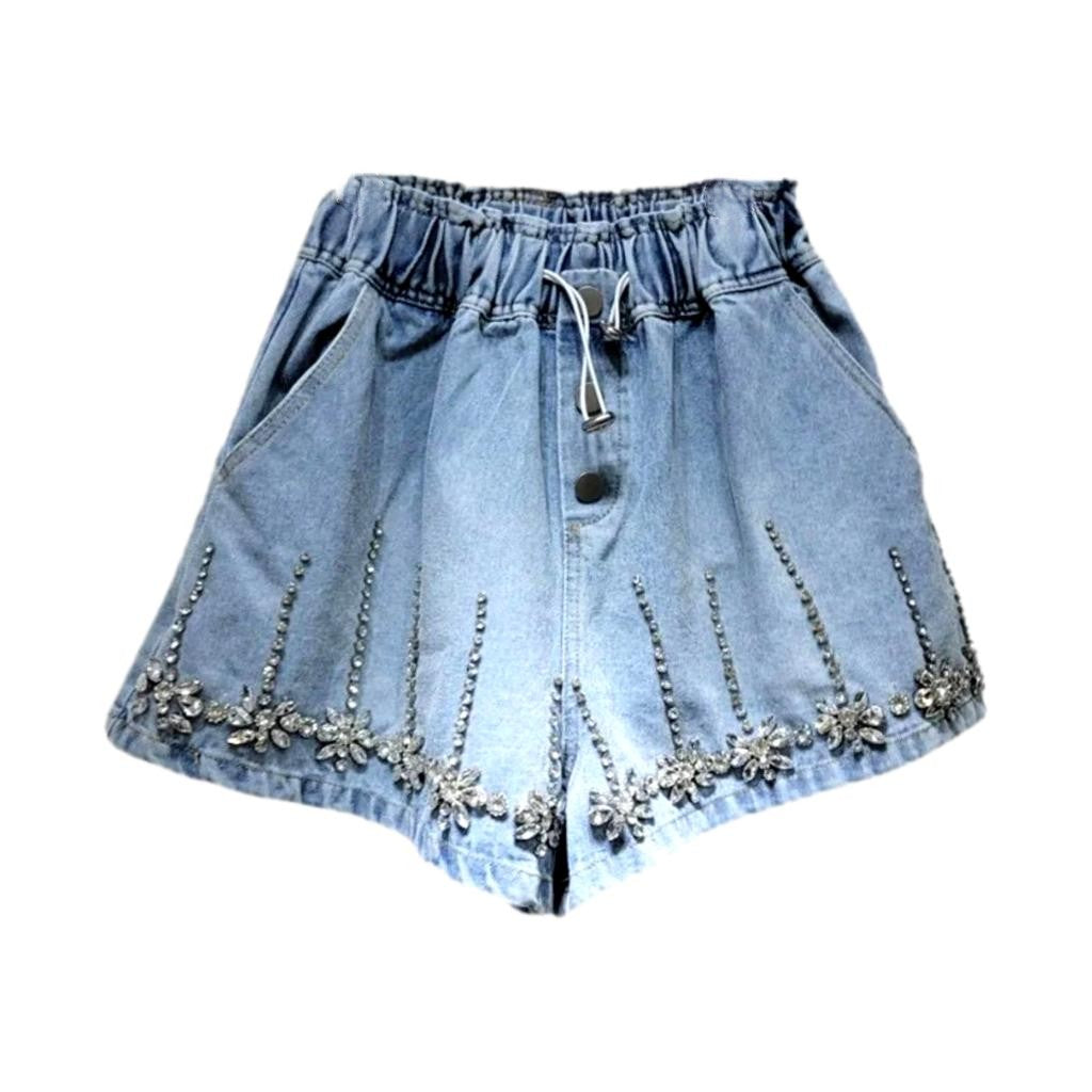 Short en jean à jambes larges avec strass