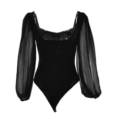 Elegant High Cut Mesh Puff Sleeves Sweetheart Bodysuit - Black