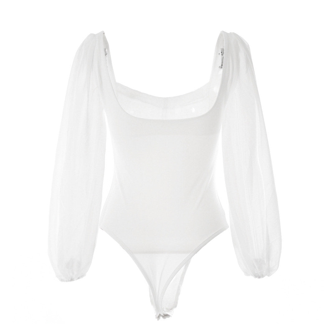 Elegant High Cut Mesh Puff Sleeves Sweetheart Bodysuit  - White