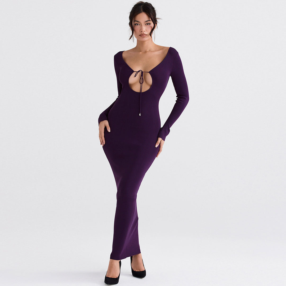Robe longue moulante élégante à manches longues et dos nu de couleur unie - Violet