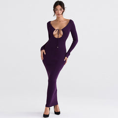 Robe longue moulante élégante à manches longues et dos nu de couleur unie - Violet
