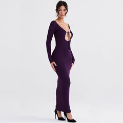 Robe longue moulante élégante à manches longues et dos nu de couleur unie - Violet