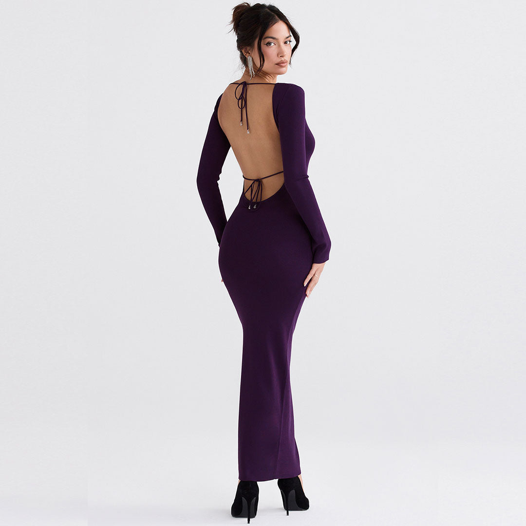 Robe longue moulante élégante à manches longues et dos nu de couleur unie - Violet