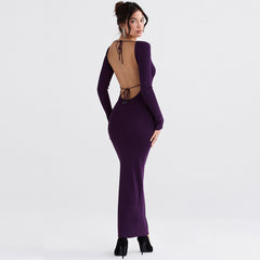 Robe longue moulante élégante à manches longues et dos nu de couleur unie - Violet