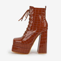 Embossed Croco Trim Lace Up Chunky Platform Ankle Boots - Brown