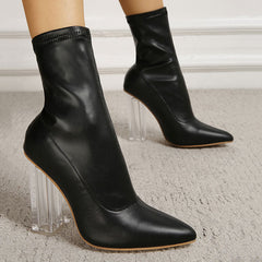 Fabulous Pointed Toe Faux Leather Clear High Heel Sock Ankle Boots - Black