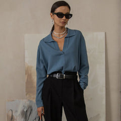 Superbe pull à manches longues et col en V de couleur unie - Bleu
