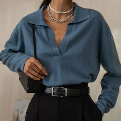 Superbe pull à manches longues et col en V de couleur unie - Bleu