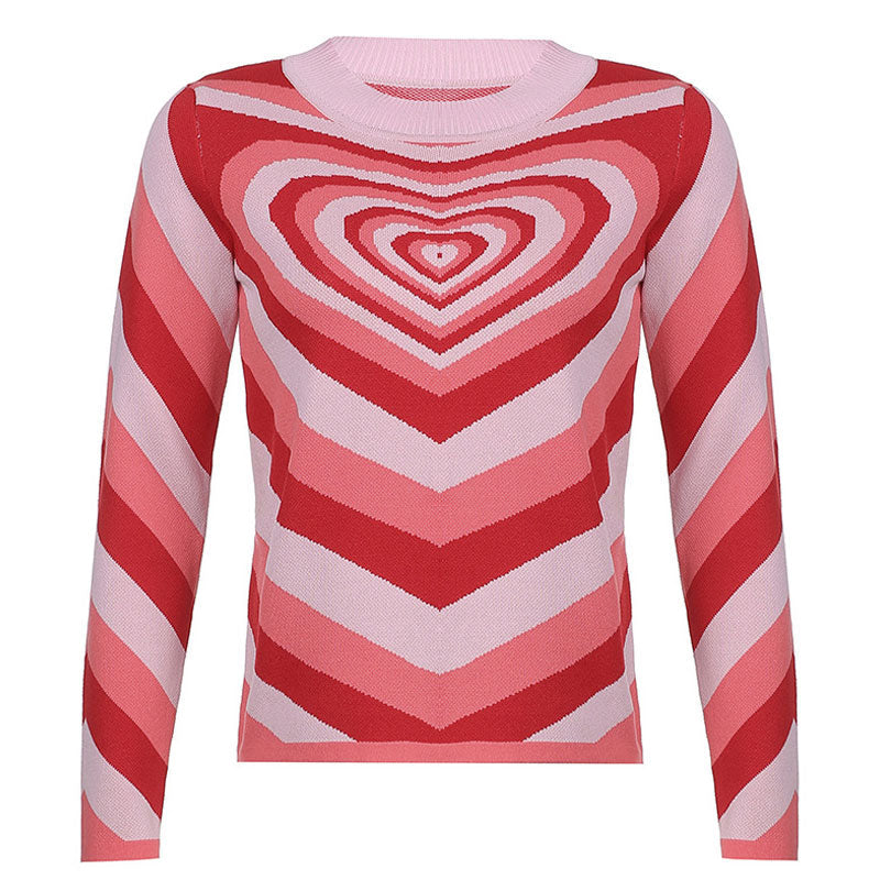Fall in Love Heart Printed High Neck Pullover Sweater - Pink