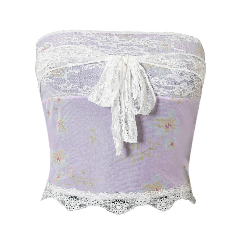Feminine Floral Tie Strap Sheer Lace Mesh Scalloped Crop Tube Top - Lilac