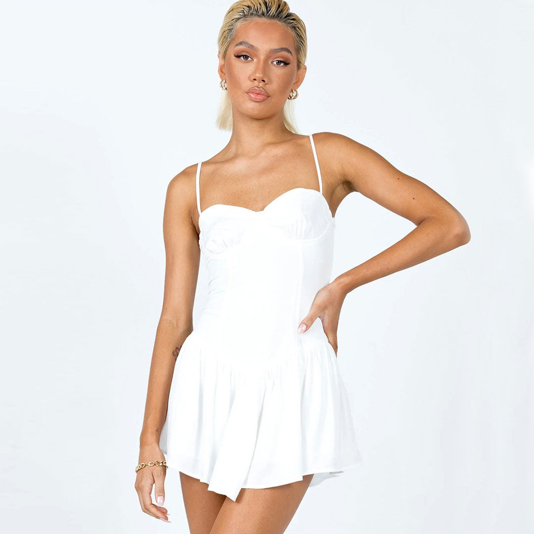 Flattering Chiffon Ruffle Ruched Trim Mini Slip Sundress - White