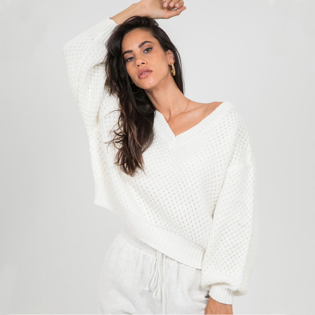 Flattering V Neck Drop Shoulder Bishop Sleeve Rib Knit Sweater - White