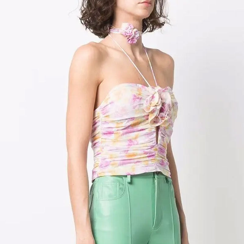 Crop Top mit Blumenmuster, Kordelzug und Ausschnitt, gerüschtem Neckholder-Oberteil - Rosa