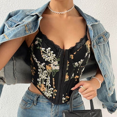 Haut corset push-up court avec broderie florale et bordure en dentelle à crochets et œillets - Noir