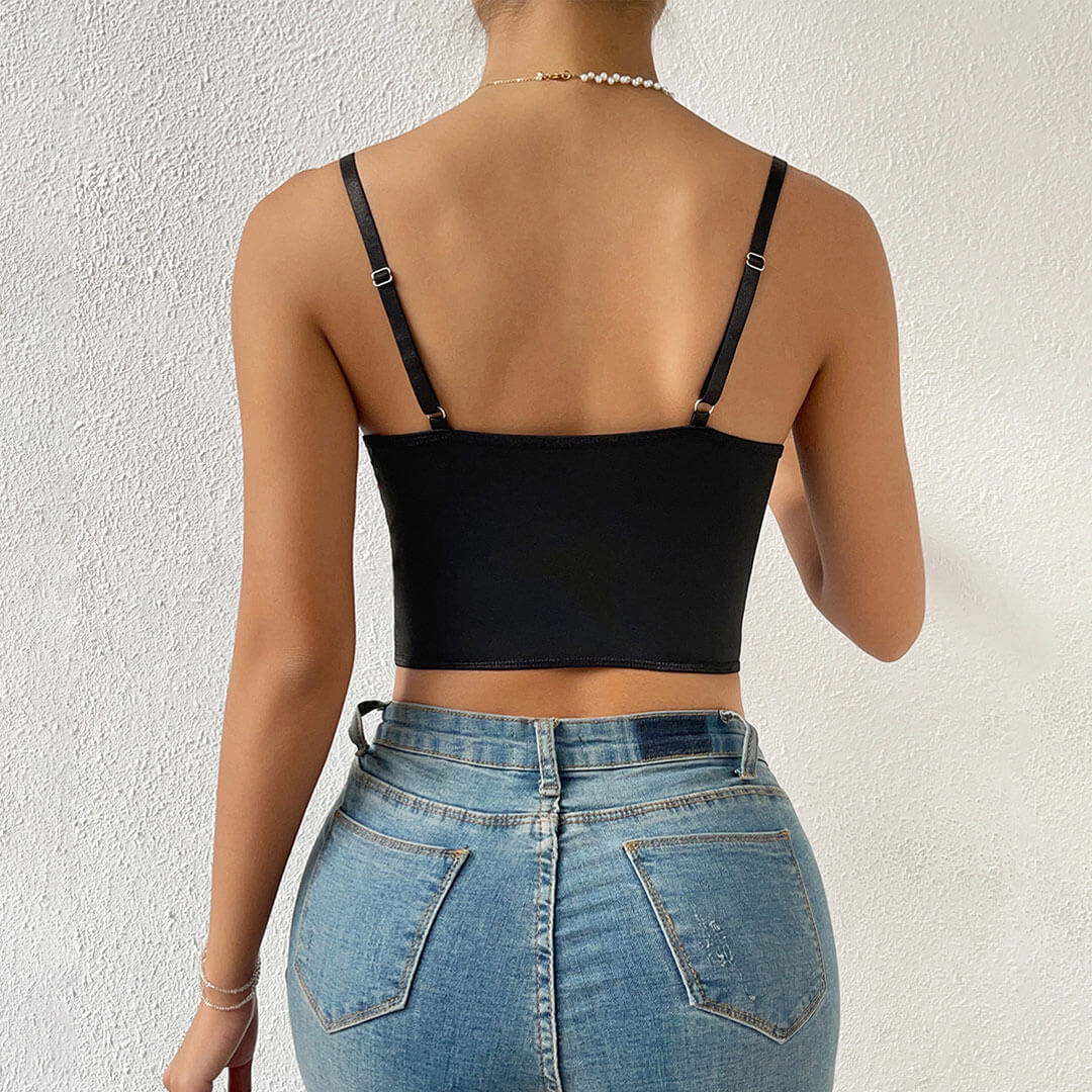 Haut corset push-up court avec broderie florale et bordure en dentelle à crochets et œillets - Noir