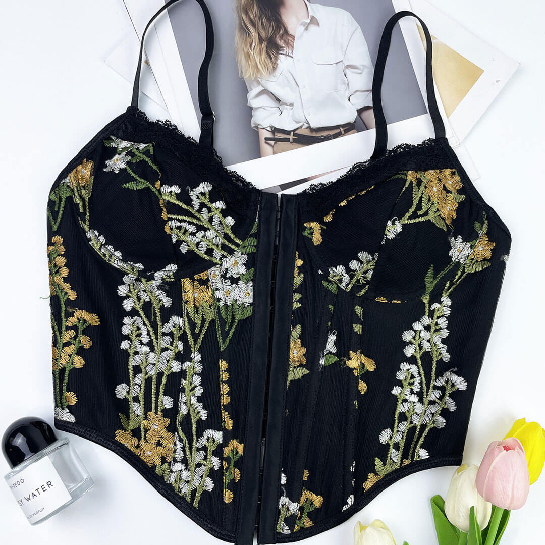 Haut corset push-up court avec broderie florale et bordure en dentelle à crochets et œillets - Noir