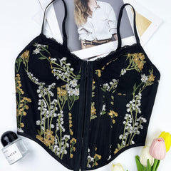 Haut corset push-up court avec broderie florale et bordure en dentelle à crochets et œillets - Noir