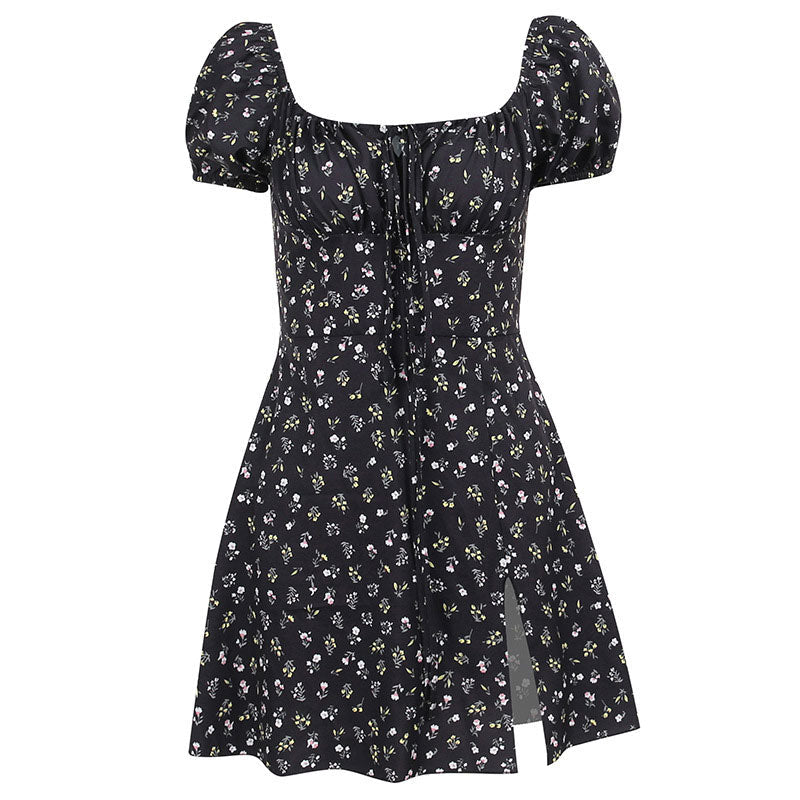 Mini-robe d'été à imprimé floral, froncée, nouée sur le devant, bordure fendue, manches bouffantes - Noir