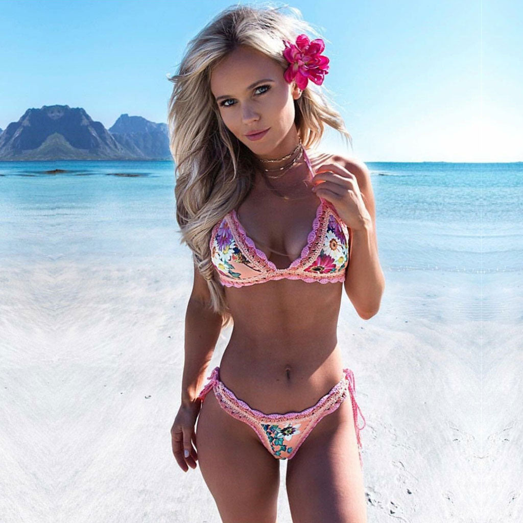 Boho Style Floral Gewelltes Häkel Neckholder Triangel Bikini Set - Blume