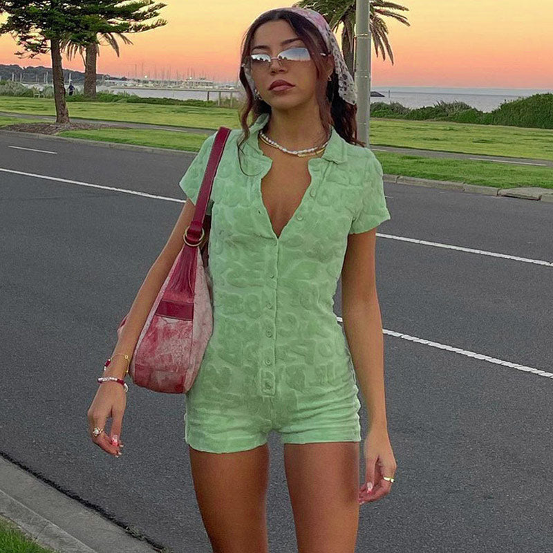 Fluffy Letter Embossed Sleeved Button Down Collared Romper - Green